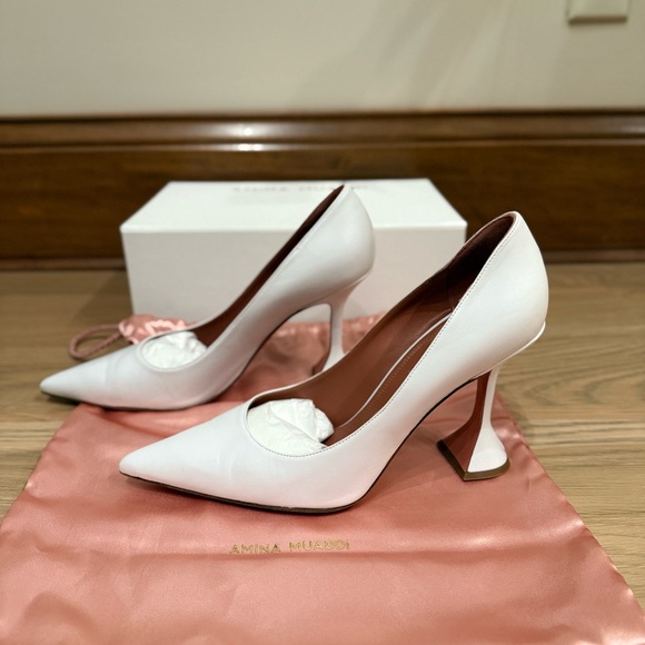 Amina Muaddi Pointed-Toe White Pumps - Picture 6 of 13